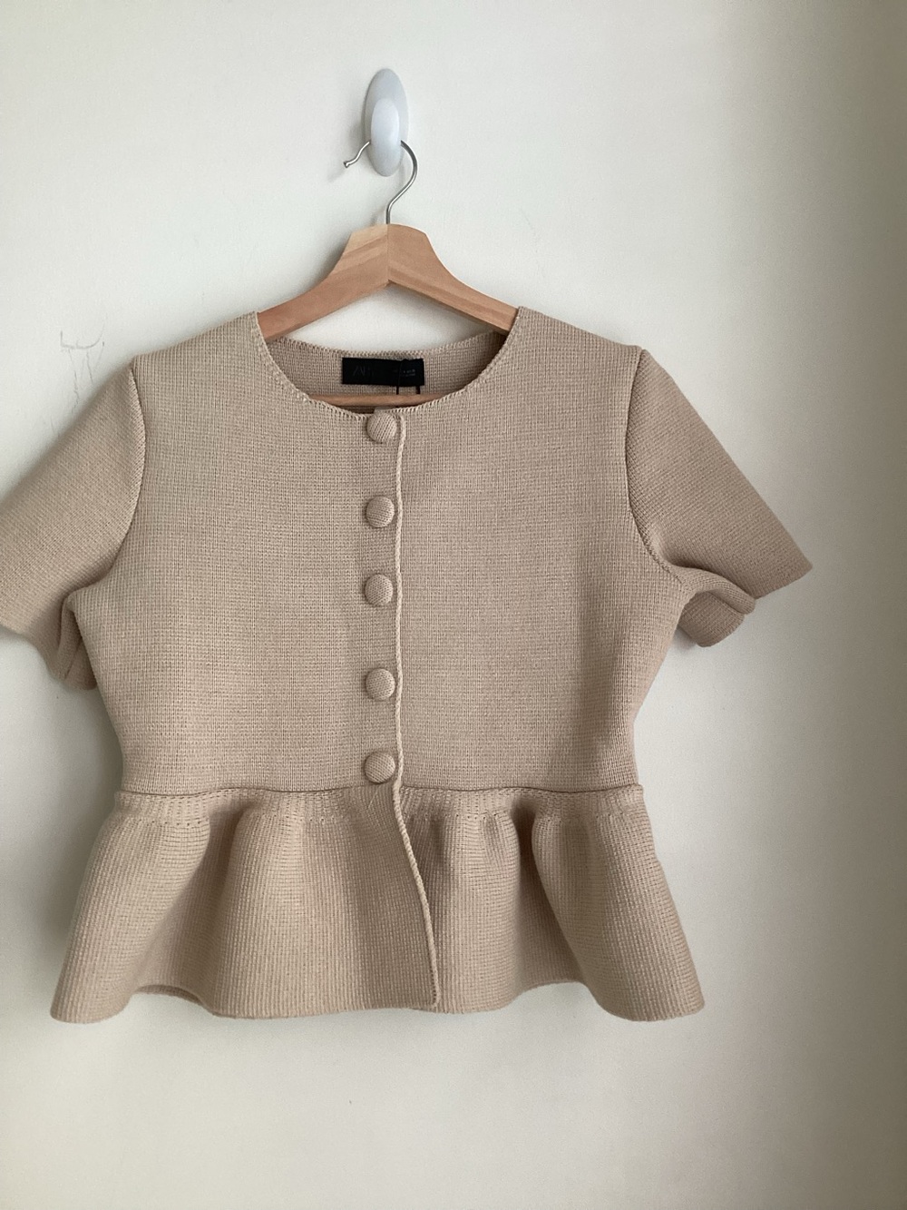 Zara Beige Peplum Short Sleeve Knit Blouse